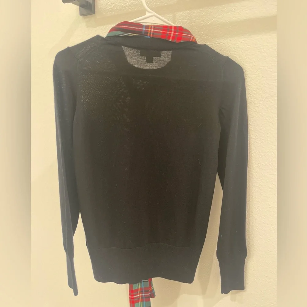 J Crew Black Merino Wool Crew Neck Sweater Plaid Tartan Scarf Tie Long Sleeve